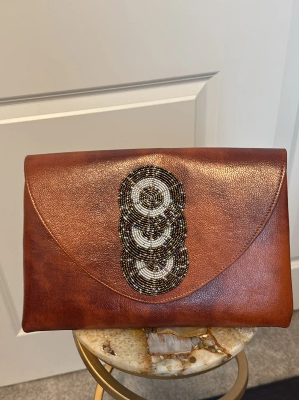 Brown Leather Beaded Envelope Clutch